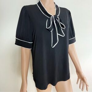 Women's ADRIANNA PAPELL Black BOW FRONT Short Sleeve TOP Shirt BLOUSE  M
